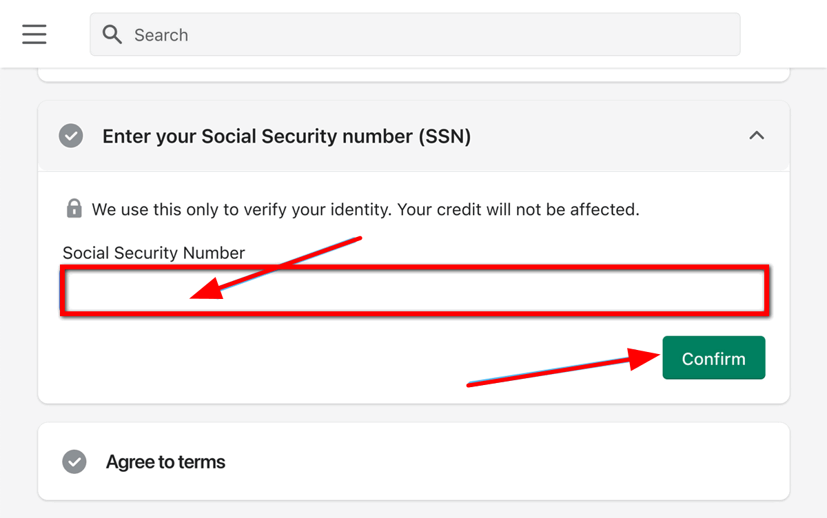 Entering Social Security Number SSN to your Balance account setup