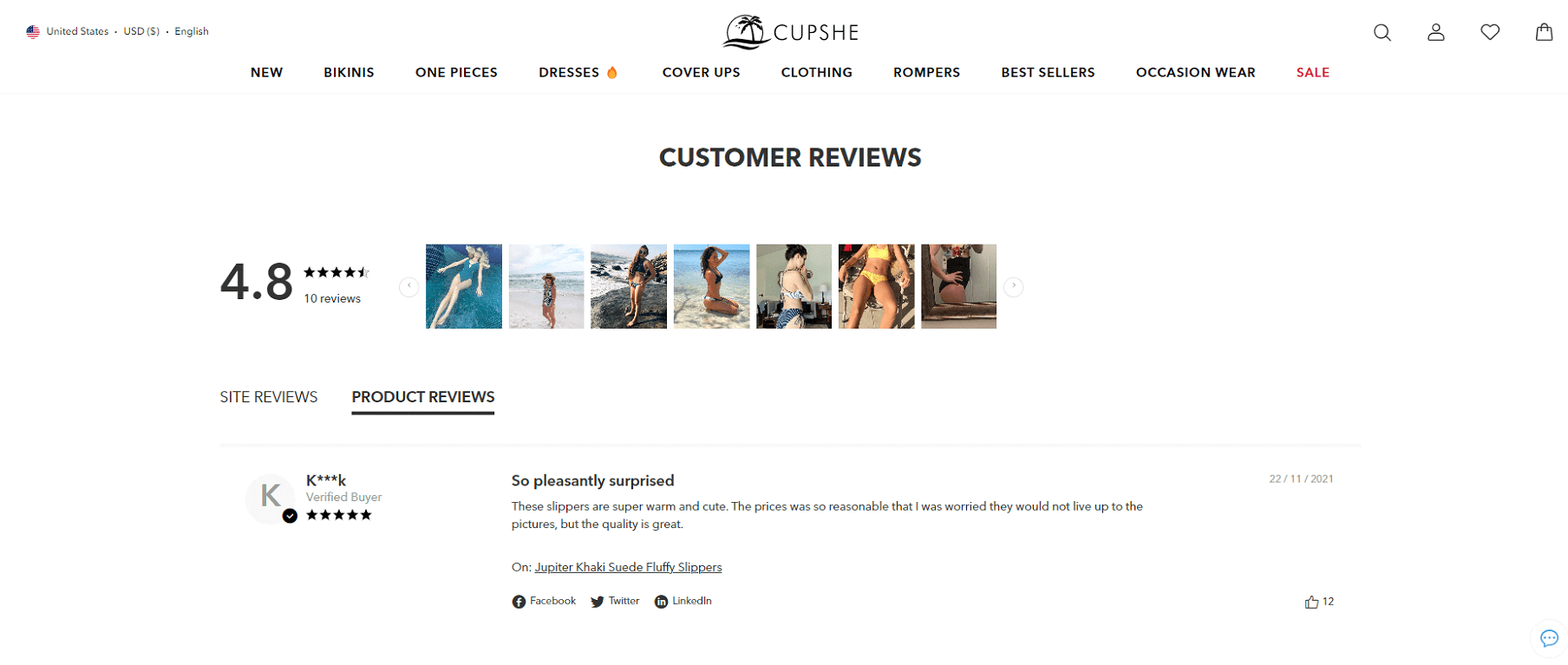 Cupshe with a bright Shopify reviews page