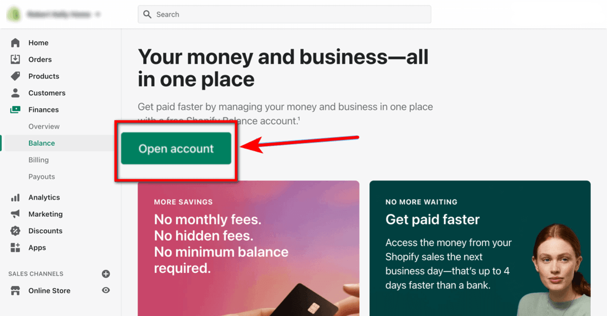 The Shopify Balance page with an Open account button