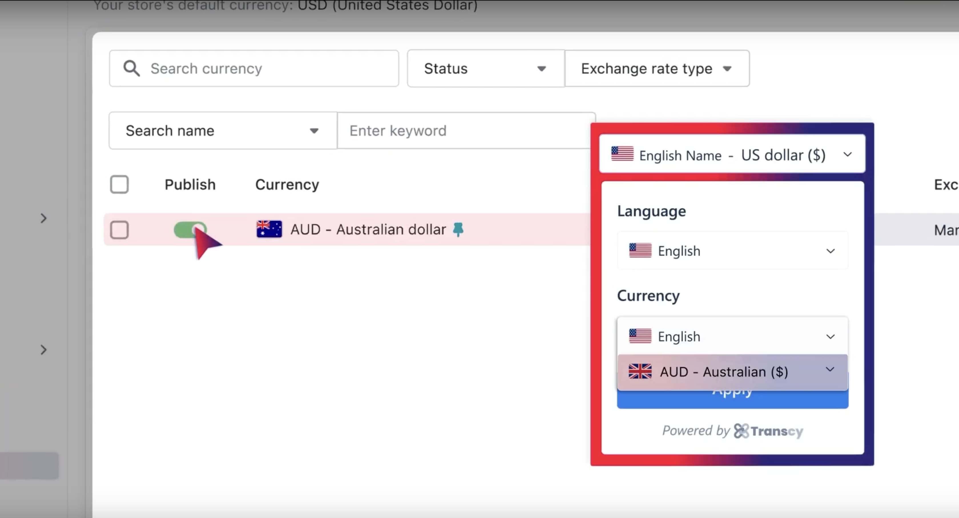 Publish the currency to display on Language switcher 