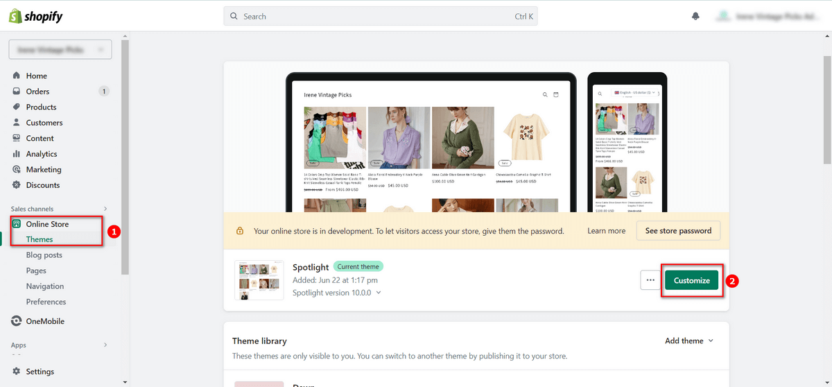 The first step on how to add social media to Shopify is access the Customize button from the Themes tab