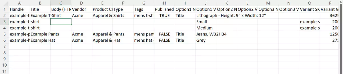 shopify import product csv file format