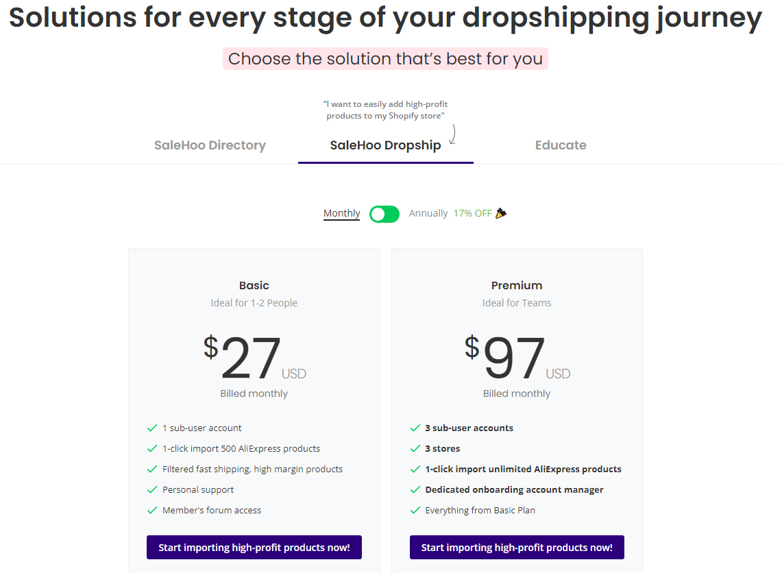 salehoo pricing plans