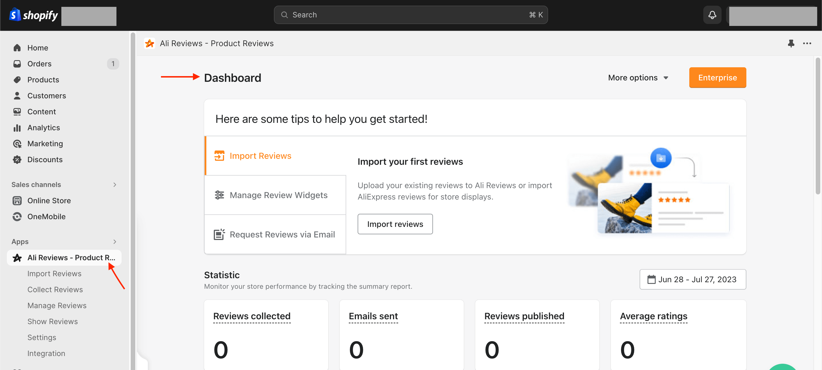 Select Ali Reviews to access the dashboard