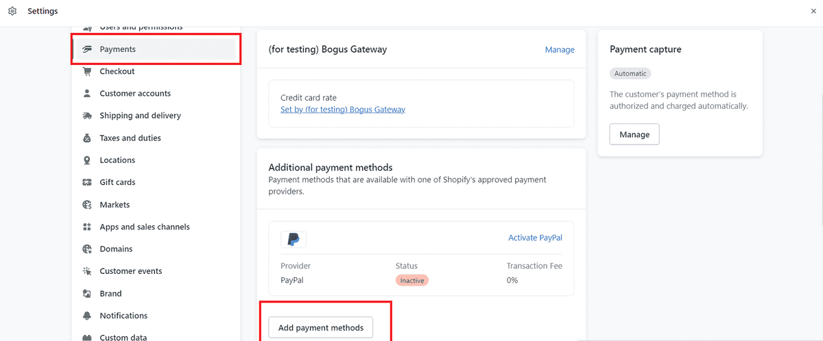shopify payments settings - how to add payment methods in Shopify