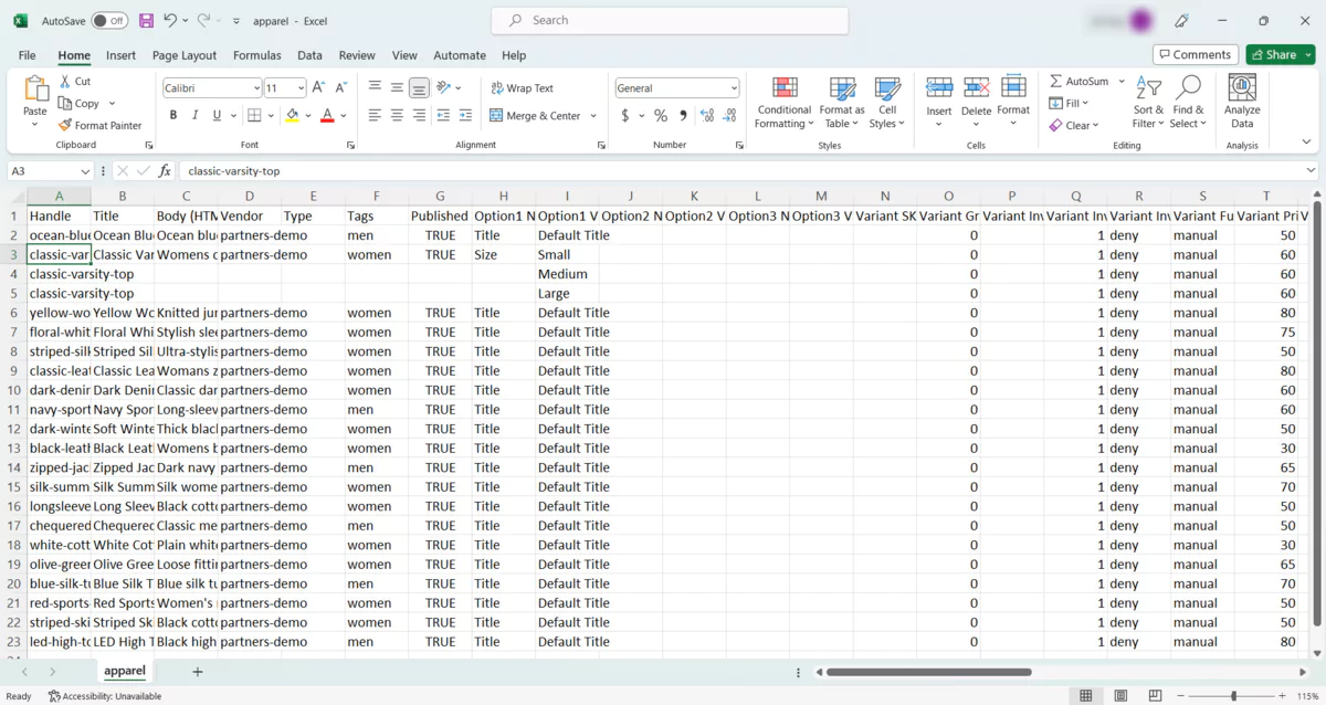 Shopify import product CSV file