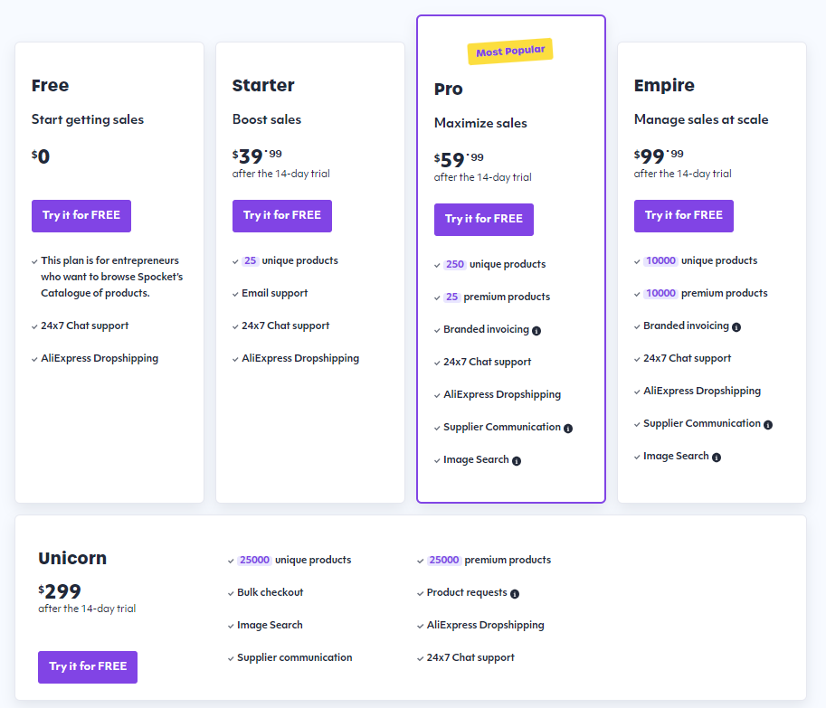 spocket pricing plans