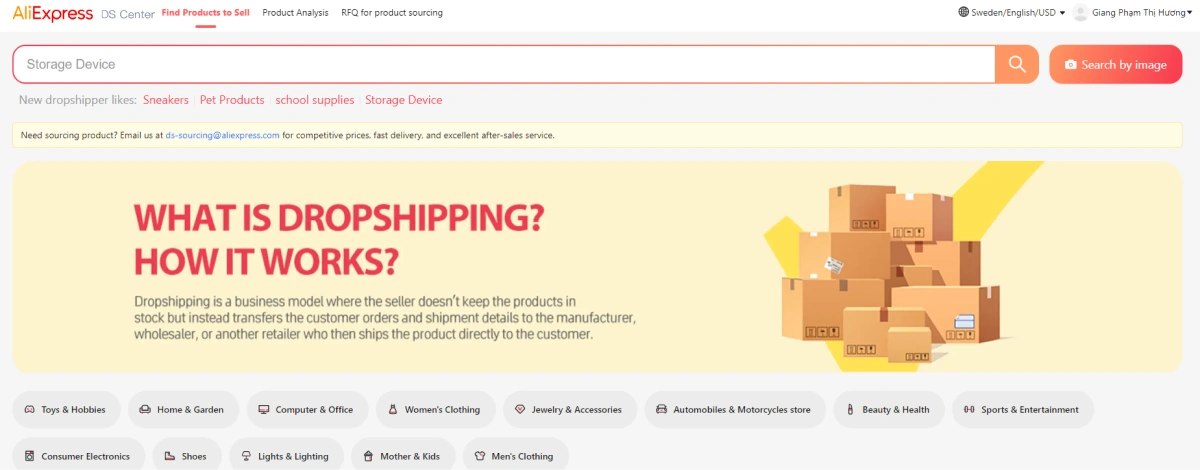 AliExpress dropshipping center interface