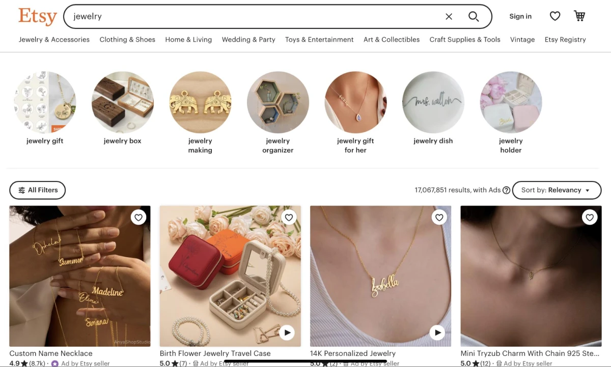 etsy - dropshipping jewelry suppliers
