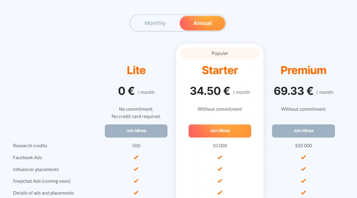 minea pricing plans