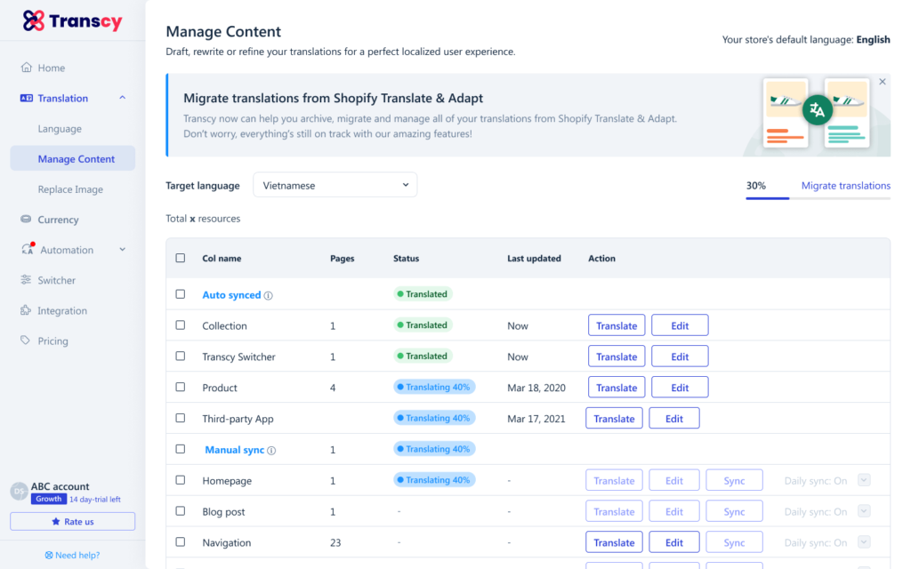 Move Shopify Translate & Adapt Translation to Transcy in 1 Click