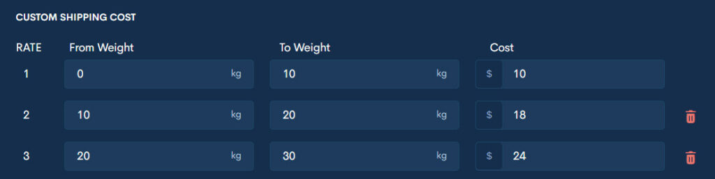 set shipping cost by weight