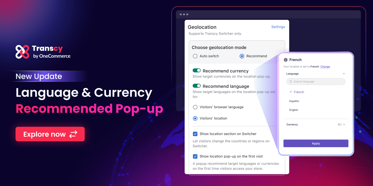 Transcy V4.40.2: Language & Currency Recommended Pop-up